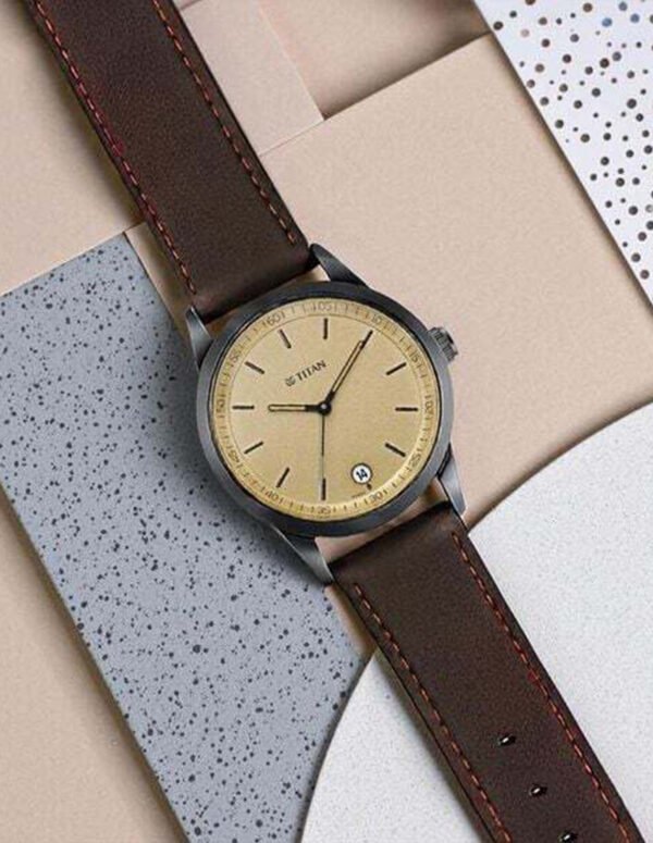 Titan Men's Timeless Style Watch: Refined Gold Dial and Leather Strap
